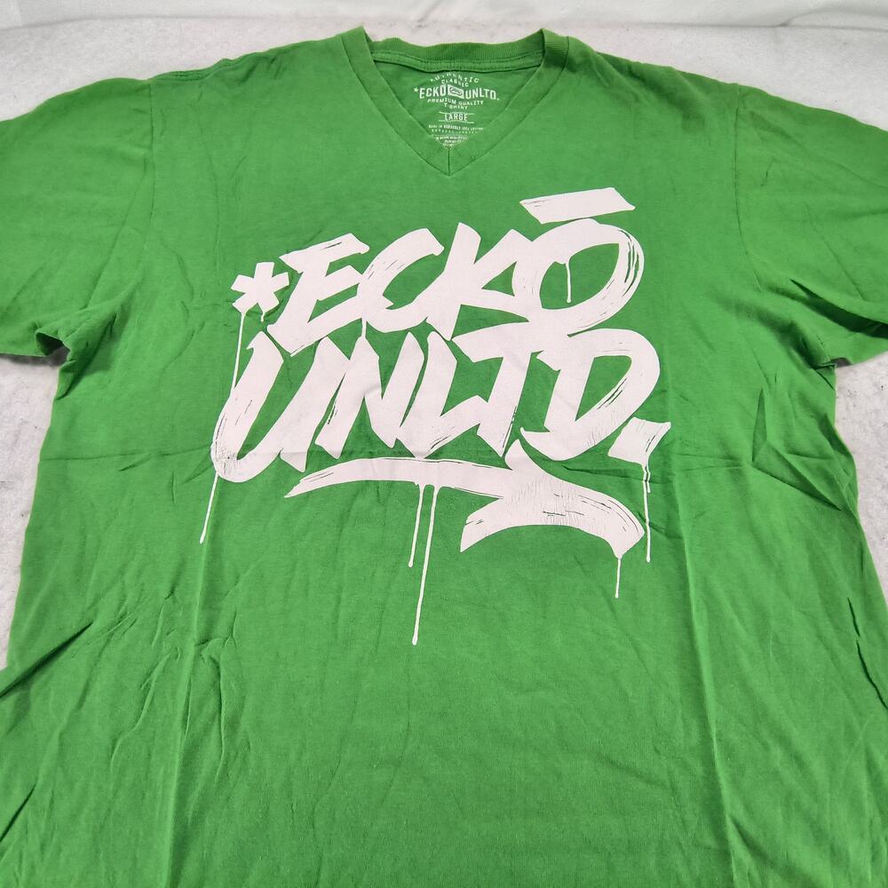 Ecko Unltd V Neck Casual Short Sleeve T Shirt Mens Size Large L Green White